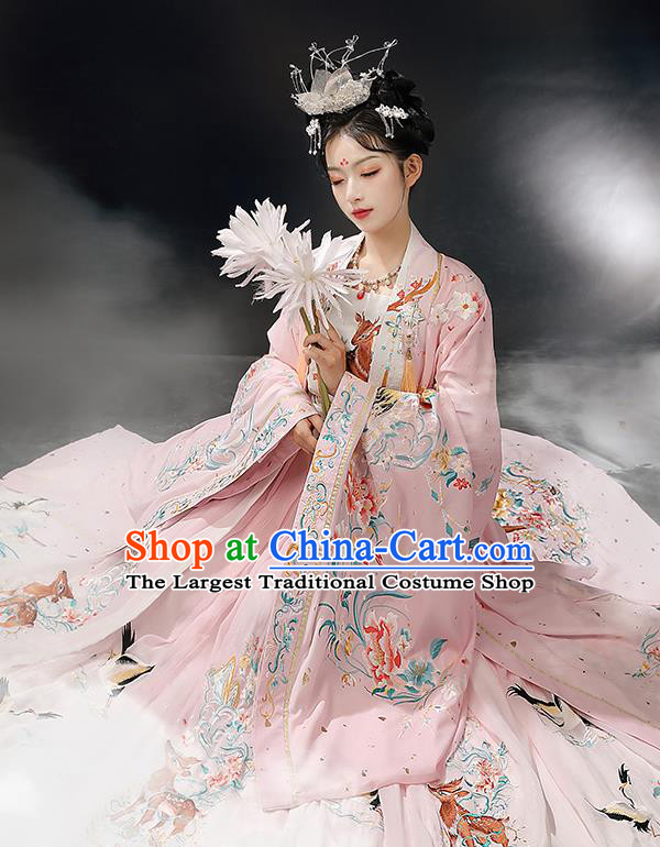 Chinese Jin Dynasty Noble Lady Garment Costumes Ancient Royal Princess Clothing Embroidered Pink Hanfu Dresses