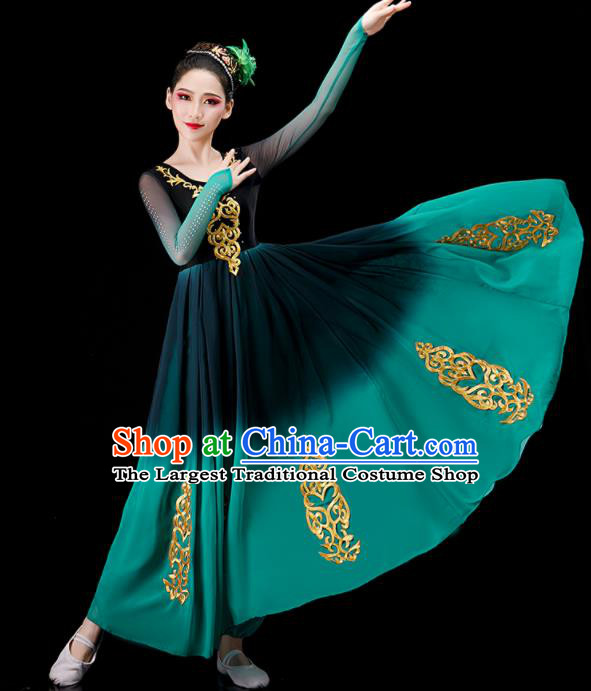 Chinese Stage Performance Green Dress Ethnic Women Dance Costume Xinjiang Uyghur Nationality Dance Clothing