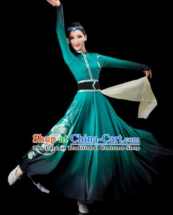 Chinese Stage Performance Clothing Mongol Nationality Dance Green Dress Ethnic Dance Costume