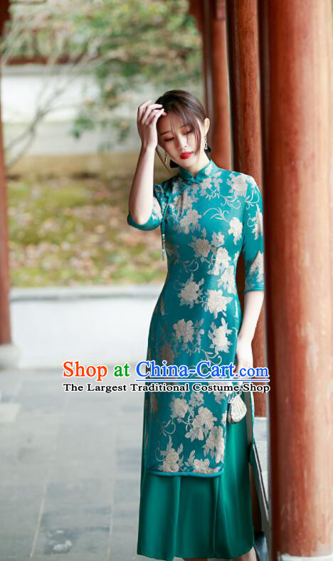 Chinese Traditional Green Cheongsam Middle Sleeve Dress Aodai Qipao