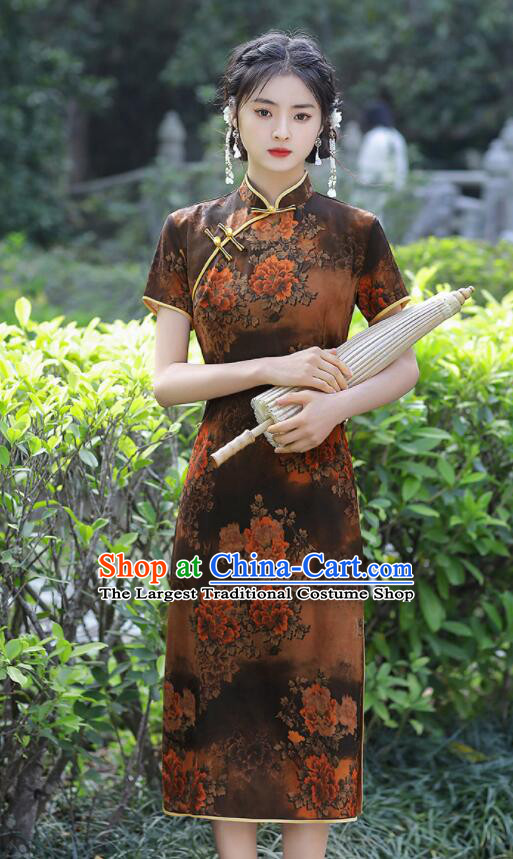 Chinese Aodai Qipao Traditional Brown Dress Classical Gambiered Guangdong Gauze Cheongsam