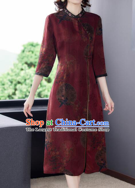 Chinese Classical Gambiered Guangdong Gauze Cheongsam Aodai Qipao Traditional Wine Red Dress