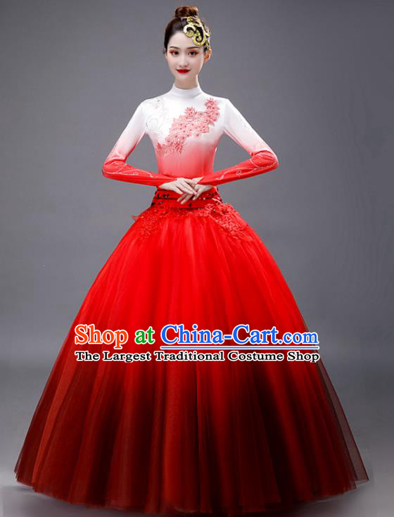 Chinese Women Group Dance Clothing Modern Dance Red Dress Opening Dance Stage Performance Costume