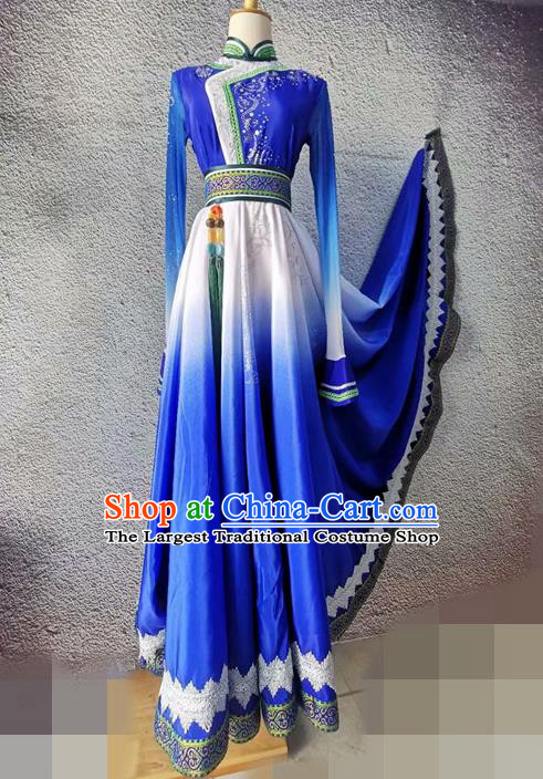 Chinese Mongol Nationality Dance Garment Costume Stage Performance Clothing Mongolian Dance Blue Dress