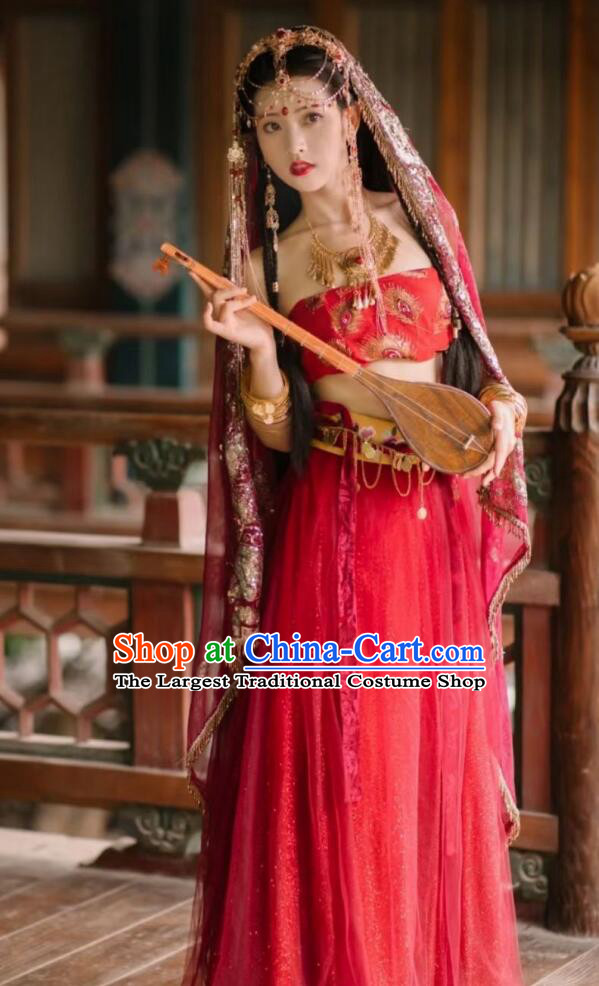 Chinese Tang Dynasty Dance Lady Garment Costumes Ancient Princess Red Dress Clothing and Headdress Complete Set