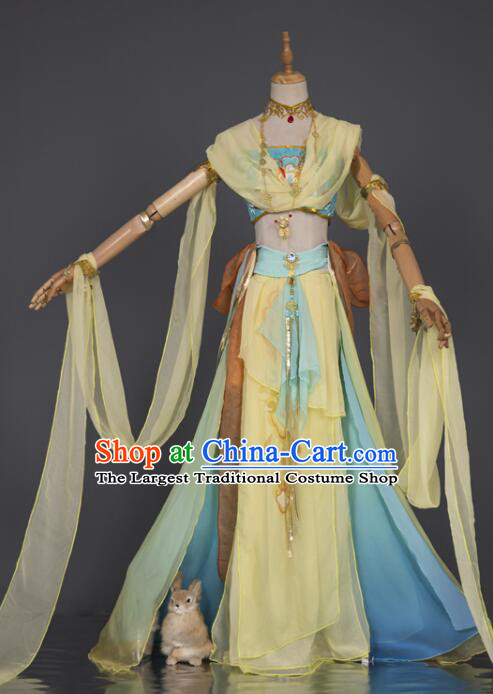 Chinese Handmade Dunhuang Dance Costume Dun Huang Flying Apsaras Dance Yellow Chiffon Dress Classical Dance Clothing