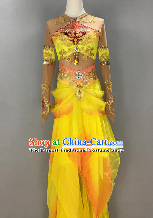 Chinese Classical Dance Clothing Handmade Goddess Dance Costume Dun Huang Flying Apsaras Dance Yellow Dress and Headpiece