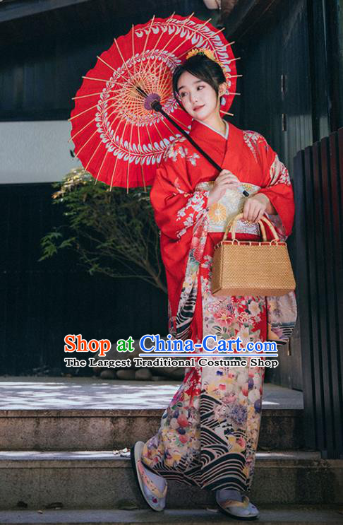 Japan Printing Red Kimono Summer Festival Sakura Yukata Dress Japanese Traditional Garment