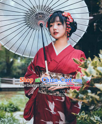 Japanese Printing Cranes Wine Red Kimono Summer Festival Yukata Dress Japan Traditional Young Lady Garment