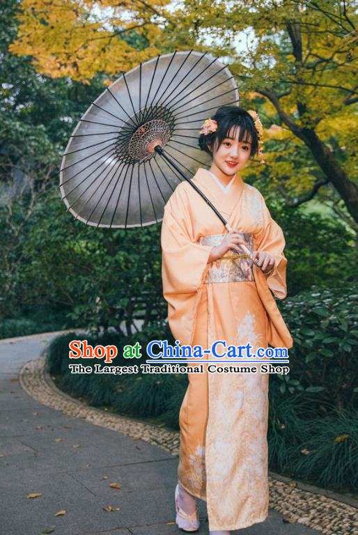 Japan Young Lady Garment Japanese Printing Orange Kimono Traditional Summer Festival Yukata Dress