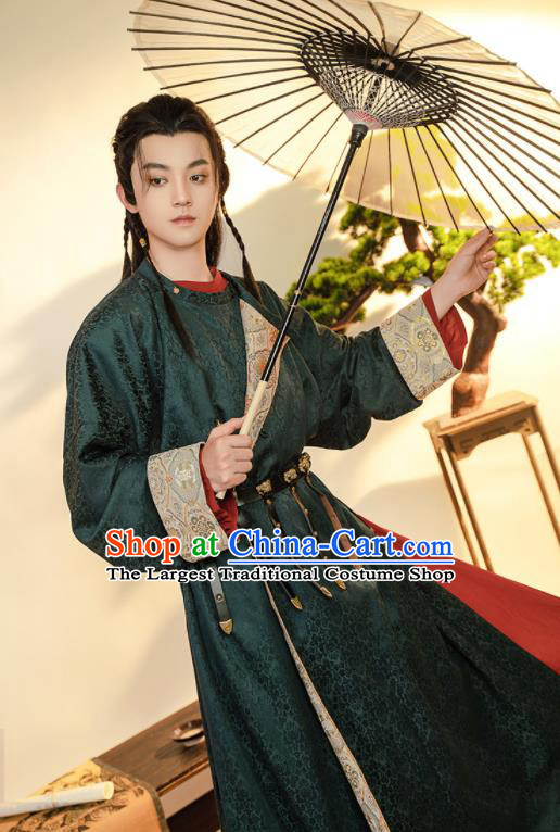 Chinese Ancient Swordsman Garment Costume Tang Dynasty Noble Childe Clothing Traditional Hanfu Dark Green Robe