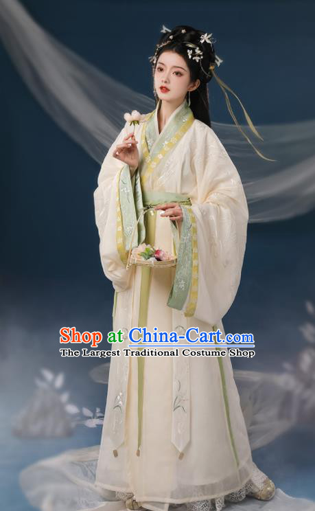 Chinese Ancient Palace Princess Clothing Traditional Embroidered Beige Hanfu Dress Eastern Han Dynasty Garment Costumes