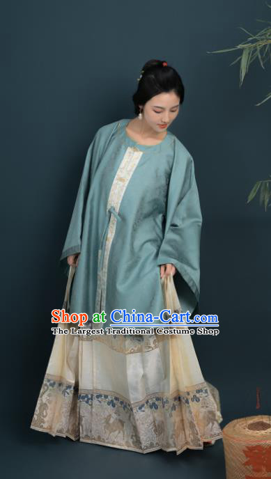 Chinese Ancient Noble Mistress Blue Silk Blouse and White Skirt Ming Dynasty Historical Costume Complete Set