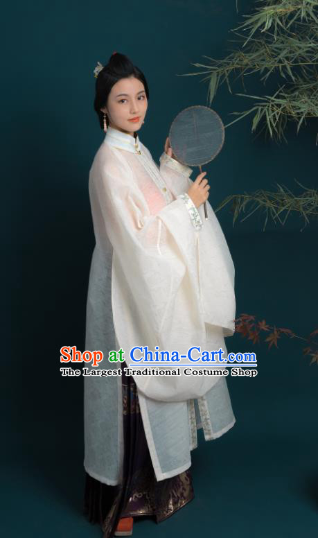 Chinese Ming Dynasty Noble Woman Historical Costume Ancient Fairlady Beige Long Gown and Purple Skirt Complete Set