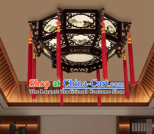 Chinese Traditional Ceiling Lamp Landscape Painting Ceiling Lantern Handmade Rosewood Lantern