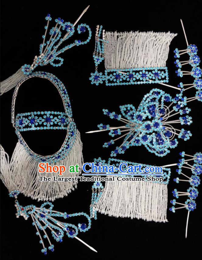 Chinese Traditional Beijing Opera Blue Butterfly Headdress Peking Opera Actress Hair Jewelries Ancient Goddess Hairpins Complete Set