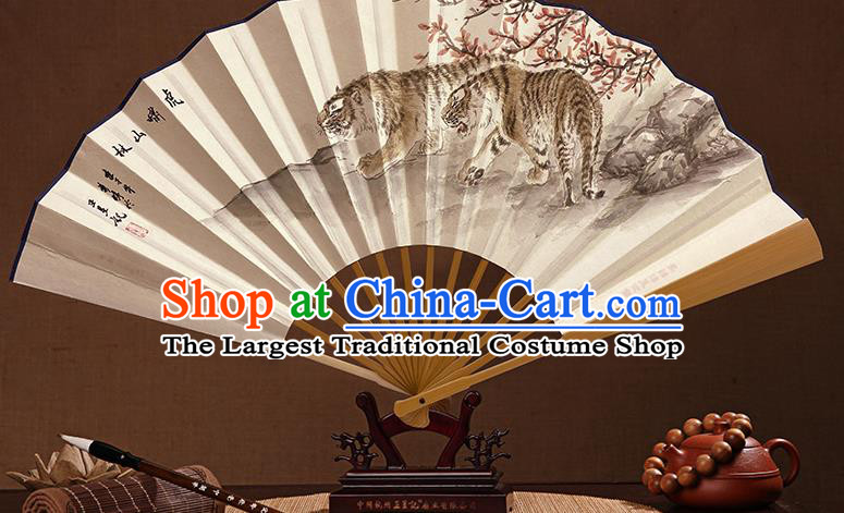 Chinese In Painting Tigers Fan Handmade Paper Fan Traditional Wenge Folding Fans
