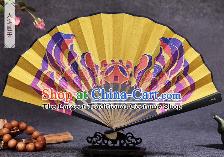 Chinese Traditional Folding Fans Painting Yellow Silk Fan Handmade Bamboo Fan Accordion