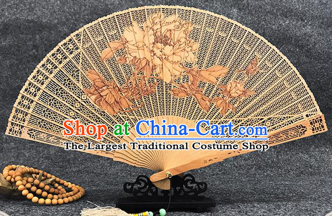 Chinese Sandalwood Fan Traditional Folding Fans Carved Peony Fan Handmade Women Accordion