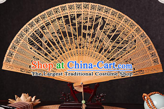 Chinese Carved Pine Crane Fan Handmade Craft Accordion Sandalwood Collection Fan Traditional Folding Fans