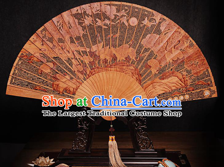 Chinese Collection Fan Traditional Folding Fans Carved Cranes Fan Handmade Craft Sandalwood Accordion