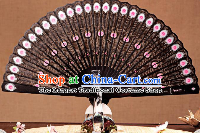 Chinese Traditional Folding Fans Carved Pink Peacock Feather Fan Handmade Craft Fan Ebony Accordion