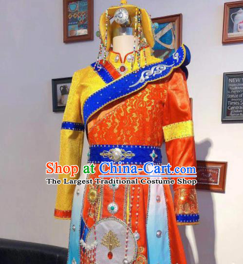 Chinese Zang Nationality Festival Red Dress Folk Dance Costume Traditional Zang Ethnic Clothing