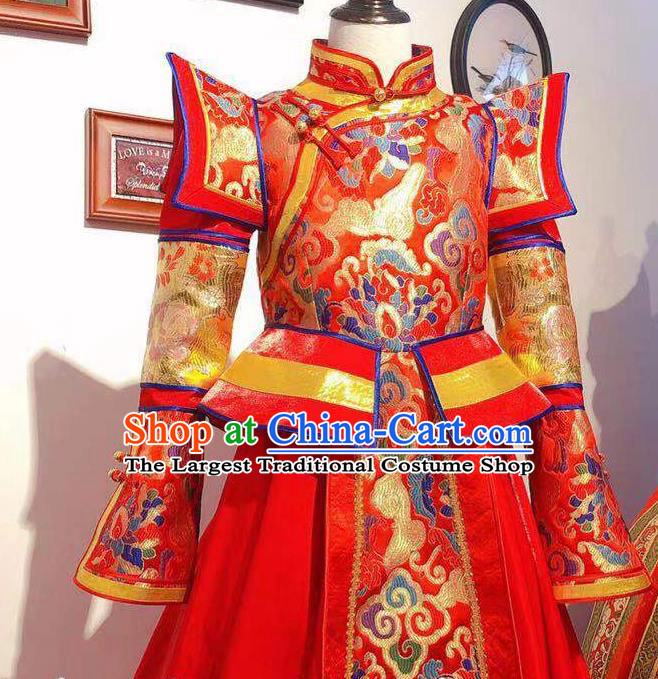 Chinese Mongol Nationality Wedding Dress Mongolian Folk Dance Costume Traditional Festival Red Robe Ethnic Women Clothing