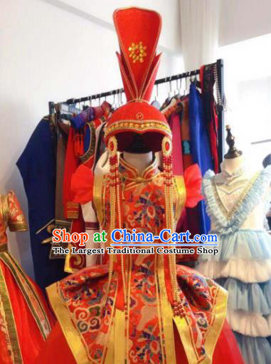 Chinese Mongolian Festival Garment Traditional Ethnic Compere Costume Mongol Nationality Folk Dance Red Dress