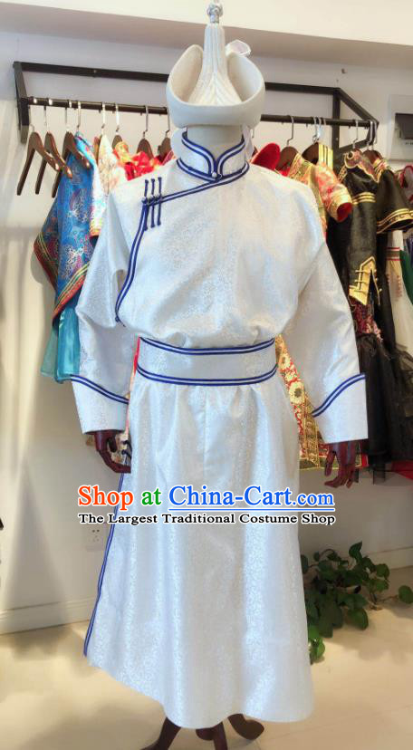 Chinese Mongol Nationality Wedding Garment Costume Mongolian Groom Clothing Ethnic Folk Dance White Robe