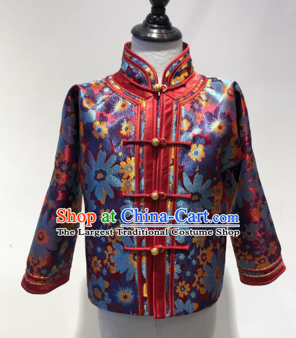 Chinese Mongol Nationality Top Garment Mongolian Children Folk Dance Clothing Ethnic Festival Brocade Mandarin Jacket