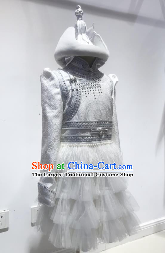 Chinese Mongol Nationality Girl White Short Dress Mongolian Folk Dance Clothing Ethnic Stage Performance Costume