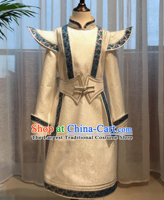 Chinese Mongol Nationality Boy White Garment Mongolian Festival Dance Clothing Ethnic Costume