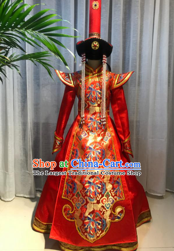 Chinese Mongol Nationality Women Red Dress Garment Mongolian Festival Performance Clothing Ethnic Wedding Costume and Hat