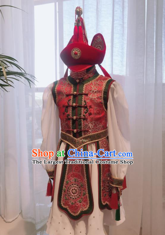 Chinese Mongolian Festival Performance Clothing Ethnic Girl Costume Mongol Nationality Performance Dress Garment and Hat