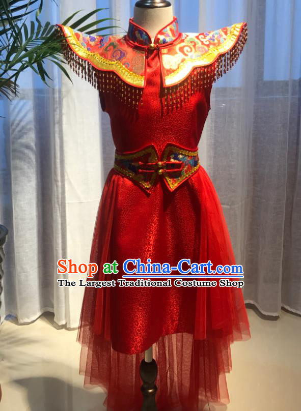 Chinese Mongolian Girl Dance Red Dress Ethnic Children Clothing Mongol Nationality Performance Costume