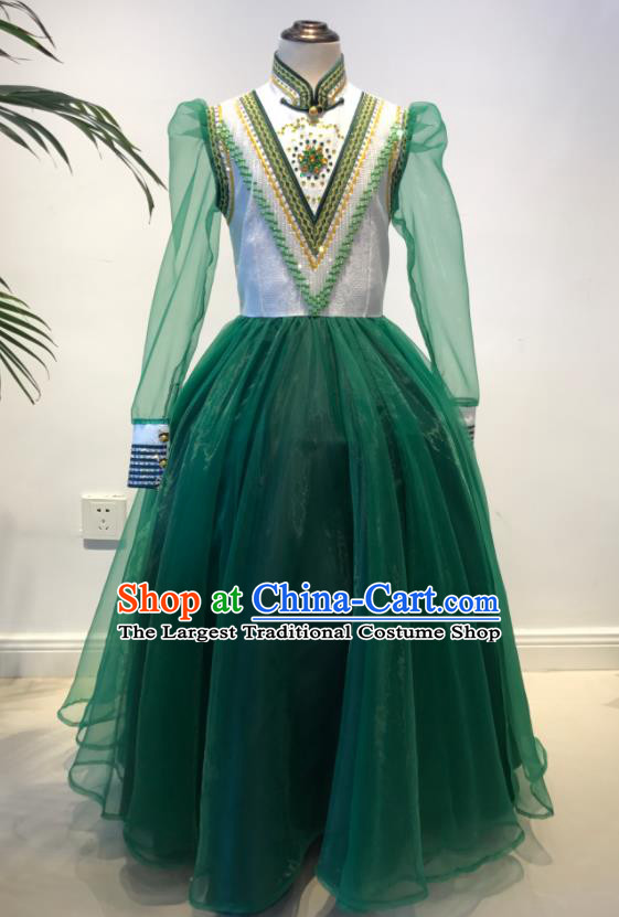 Chinese Mongolian Children Folk Dance Green Dress Ethnic Festival Performance Clothing Mongol Nationality Costume