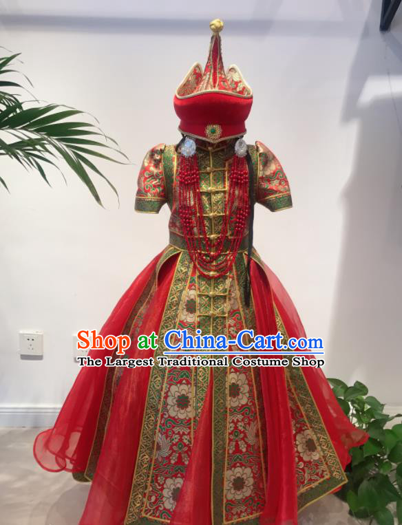 Chinese Mongol Nationality Compere Costume Mongolian Children Folk Dance Red Brocade Dress Ethnic Festival Performance Clothing