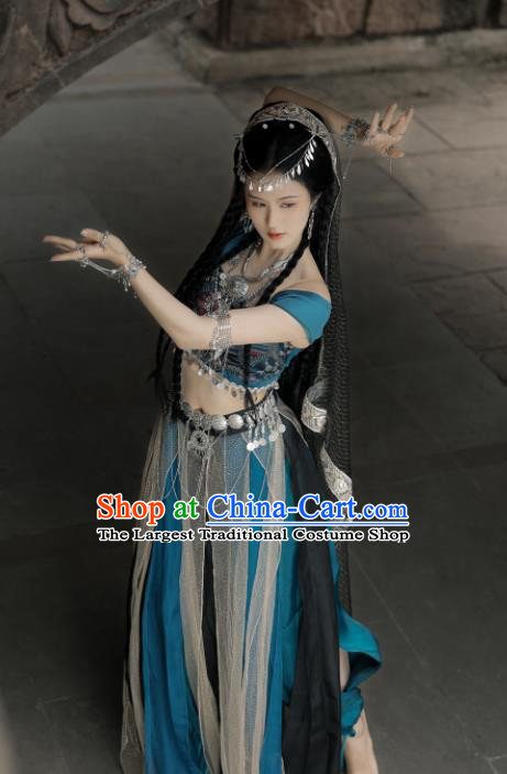 Chinese Traditional Dance Blue Outfit Ancient Ethnic Princess Clothing Tang Dynasty Northern Tribe Beauty Garment Costumes