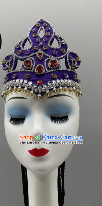 Chinese Uyghurs Minority Women Braids Headwear Uyghur Nationality Dance Headpiece Ethnic Stage Performance Purple Hat