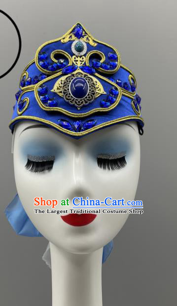 Chinese Mongol Nationality Dance Headpiece Ethnic Stage Performance Blue Hat Mongolian Minority Women Headwear