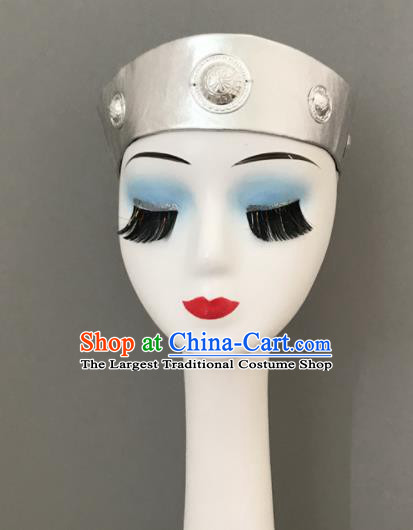 Chinese Ethnic Stage Performance Argent Hair Jewelry Mongolian Minority Bowl Dance Headwear Mongol Nationality Woman Headdress