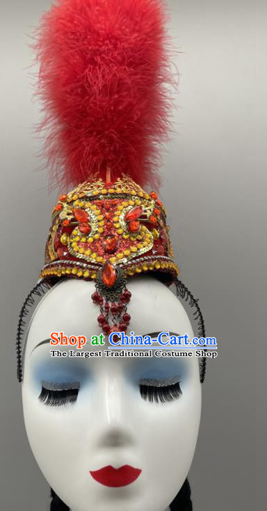 Chinese Xinjiang Minority Dance Red Feather Hat Uyghur Nationality Woman Headdress Ethnic Stage Performance Braids Headpiece