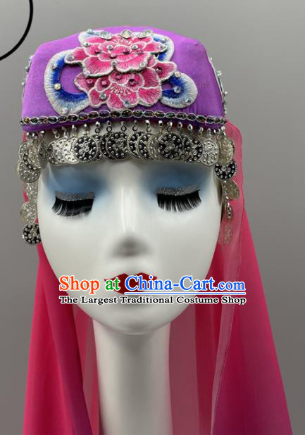 Chinese Xinjiang Minority Dance Purple Hat Uyghur Nationality Woman Headdress Ethnic Stage Performance Veil Headpiece
