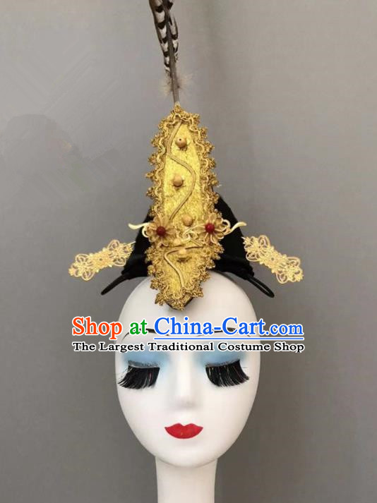 China Tang Beauty Dance Feather Headpieces Xiang Ji Dance Stage Performance Headwear Classical Dance Wig and Hair Jewelries