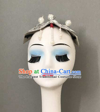 Chinese Mongol Minority Dance Hair Jewelry Mongolian Nationality Woman Headdress Ethnic Stage Performance White Beads Headpiece