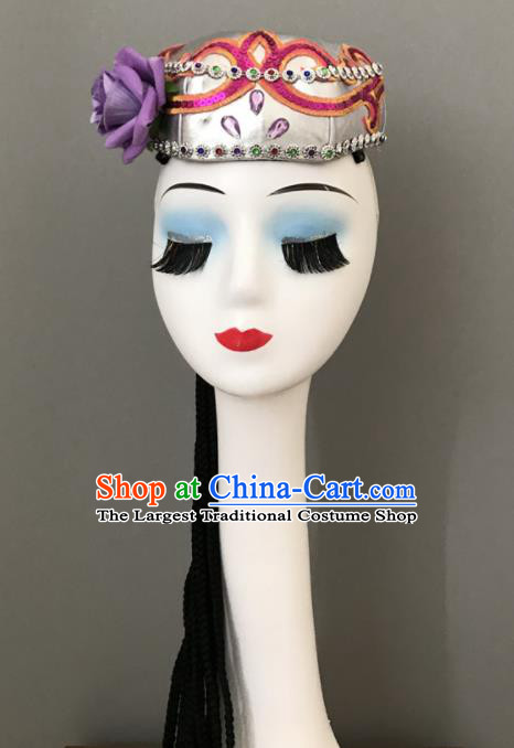 Chinese Uyghur Nationality Woman Headdress Ethnic Stage Performance Argent Hat Xinjiang Minority Dance Braids Headwear