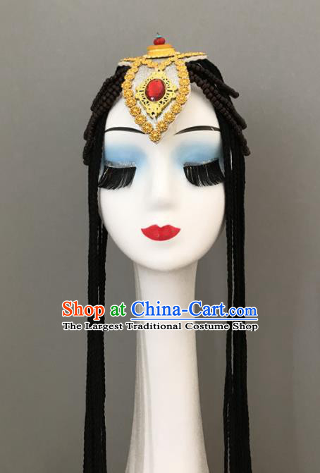 Chinese Ethnic Stage Performance Hair Jewelries Tibetan Minority Dance Headwear Zang Nationality Woman Braids Headdress