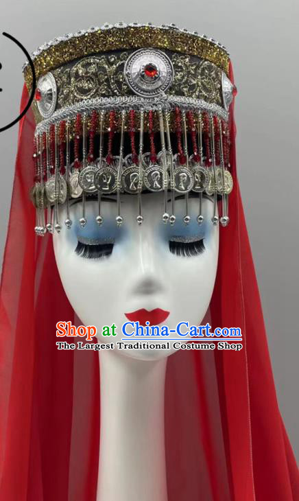 Chinese Uyghur Nationality Woman Tassels Headdress Ethnic Stage Performance Red Veil Hat Xinjiang Minority Dance Headwear