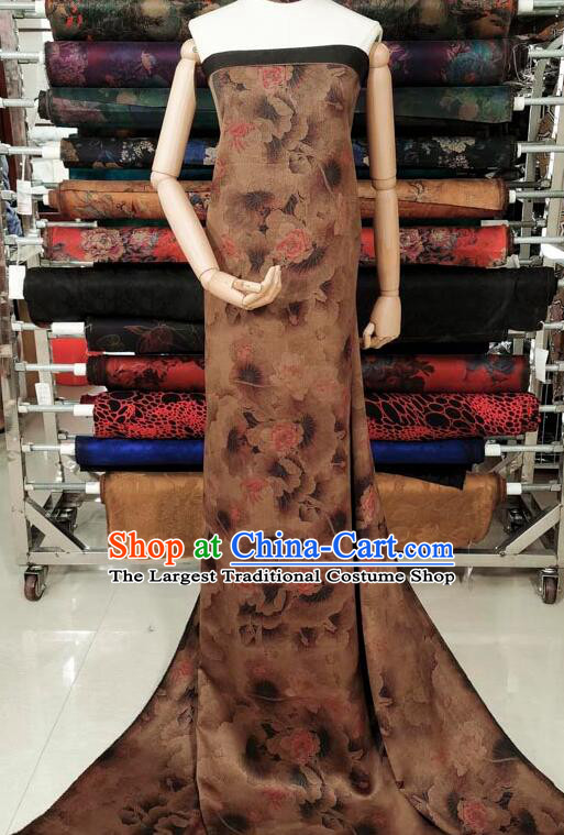 Asian Brown Silk Material Chinese Traditional Peony Pattern Design Gambiered Guangdong Gauze Fabric